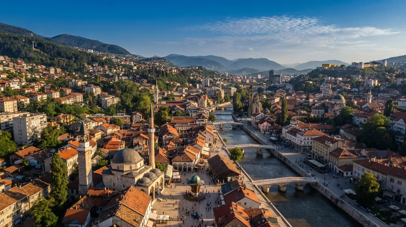 Kombi prevoz Šid → Sarajevo — staro jezgro Sarajeva sa minaretima i mostovima na Miljacki · Apex Travels