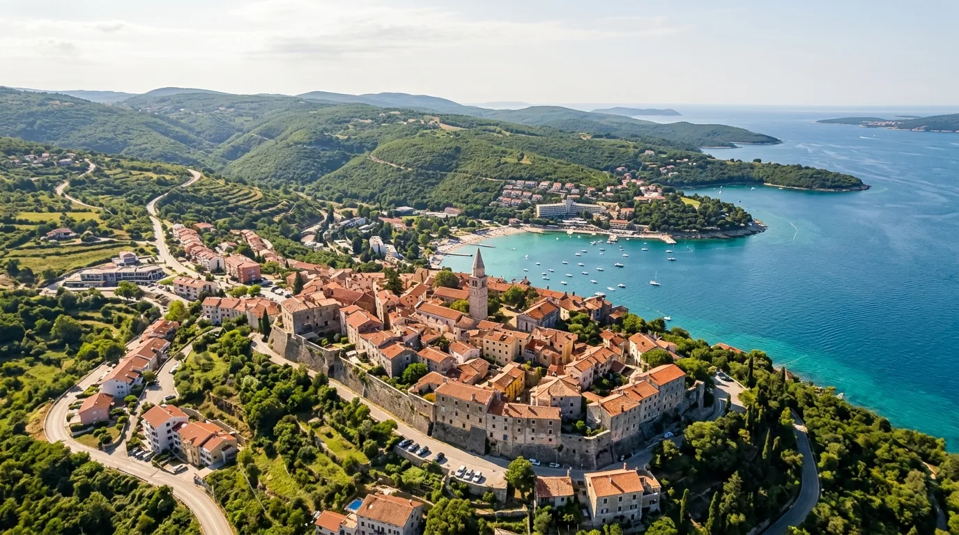Kombi prevoz Beograd → Labin — staro jezgro Labina na brdu, Rabac i more u pozadini · Apex Travels