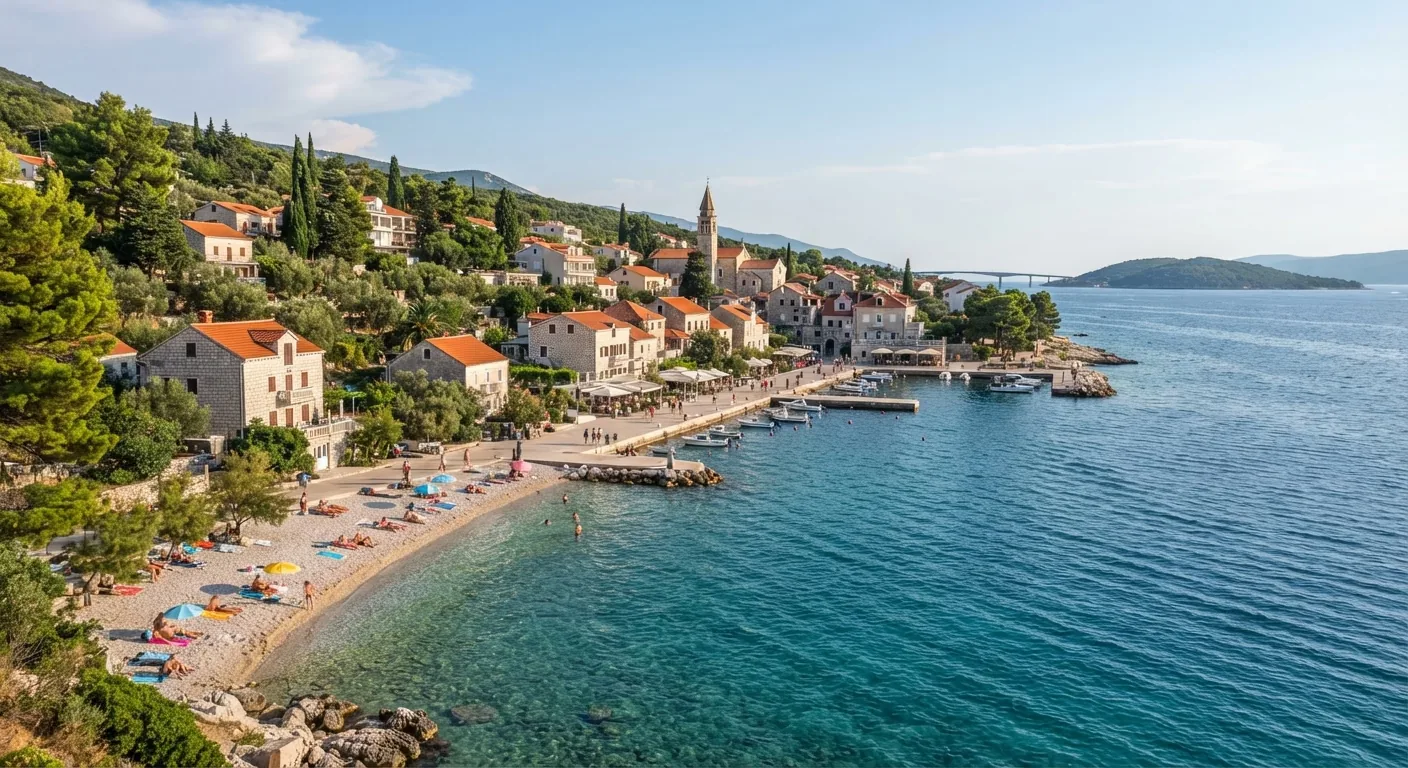 Kombi prevoz Novi Sad → Dramalj — šljunkovita plaža i kuće Dramlja uz obalu · Apex Travels