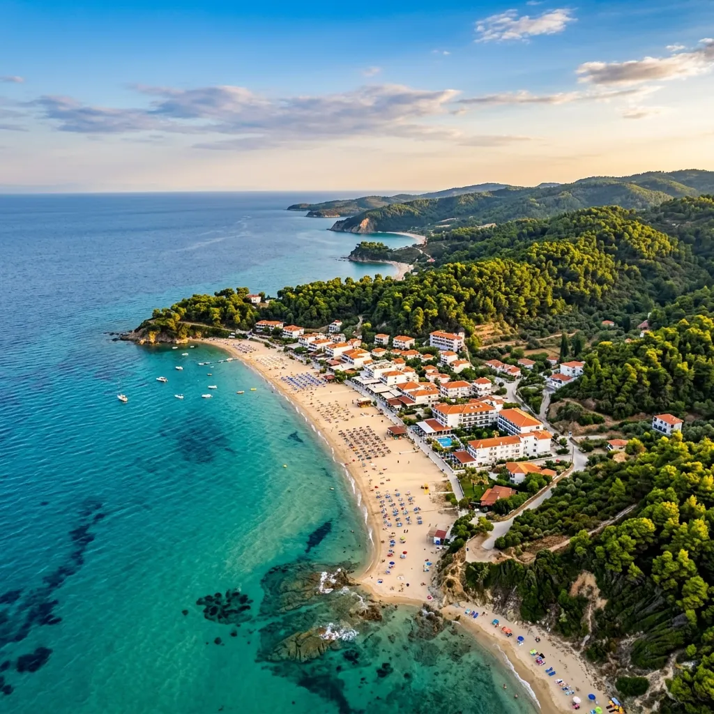 Plaža Skala Fourka na zapadnoj obali Kasandre sa belim peskom i borovima