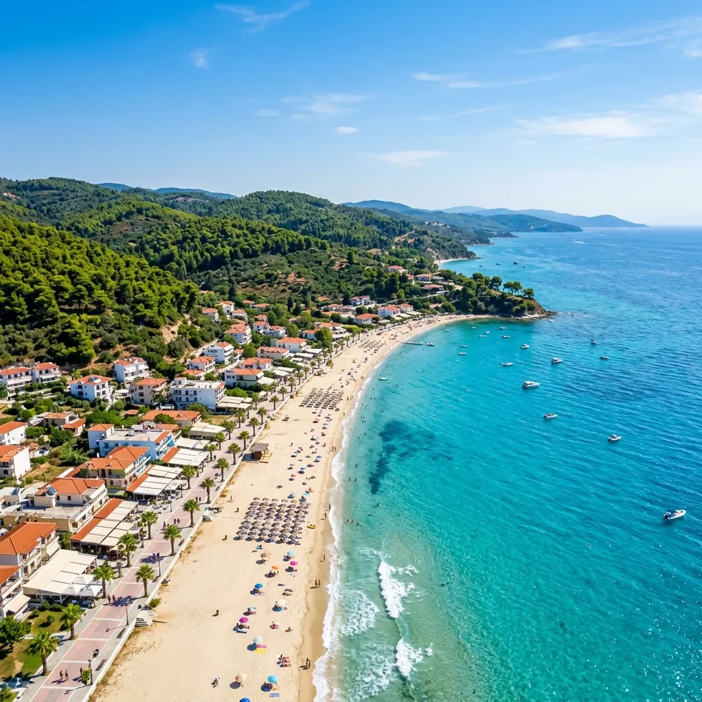 Amfiteatar Sivirija u zapadnoj Kasandri sa peščanom plažom i pogledom na Termaički zaliv