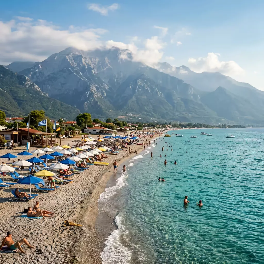 Plaža u Leptokariji u Pieriji sa zelenilom borovih šuma i pogledom na Olimp
