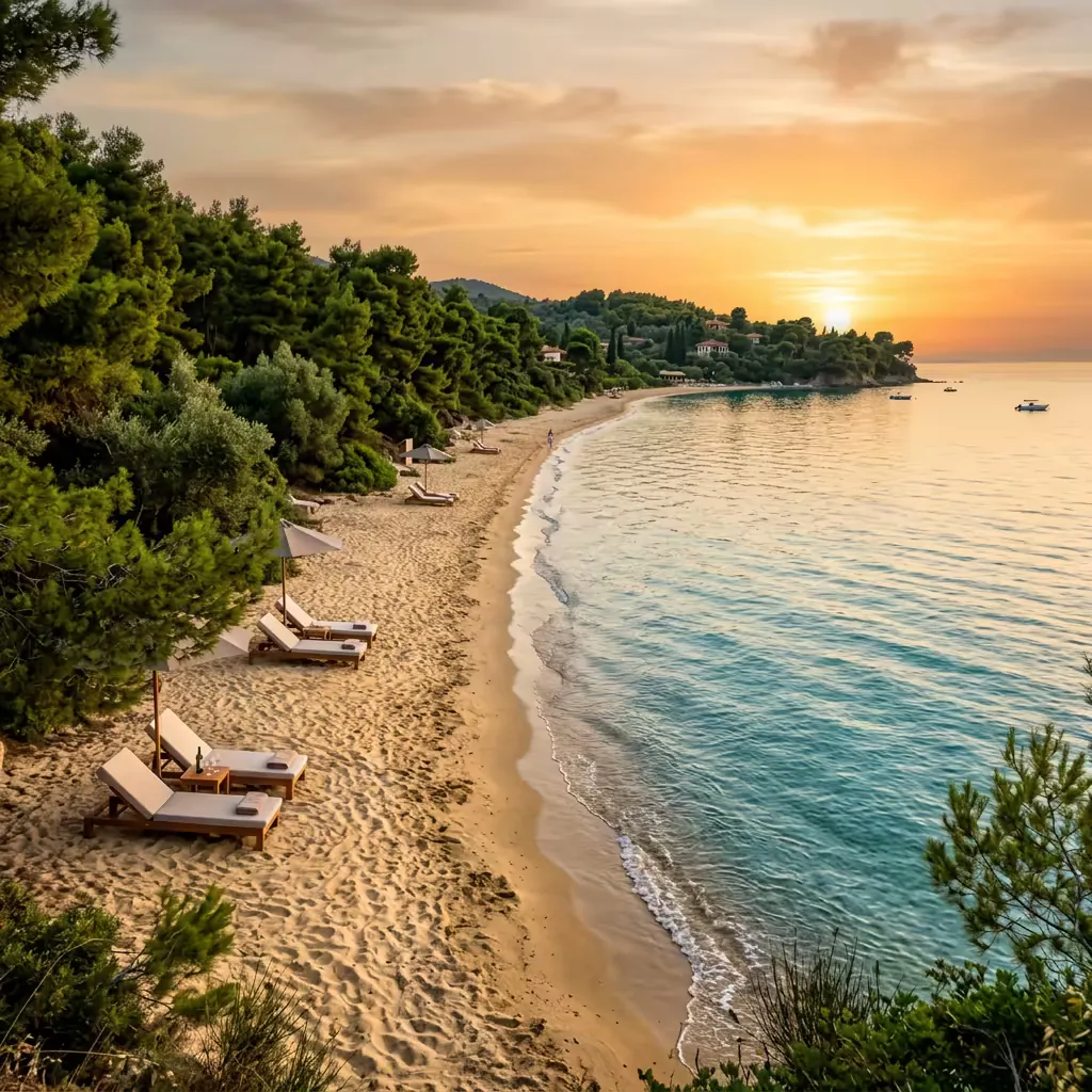 Plaža Skotina u Pieriji sa borovom hladovinom i mirnim morem ispod Olimpa
