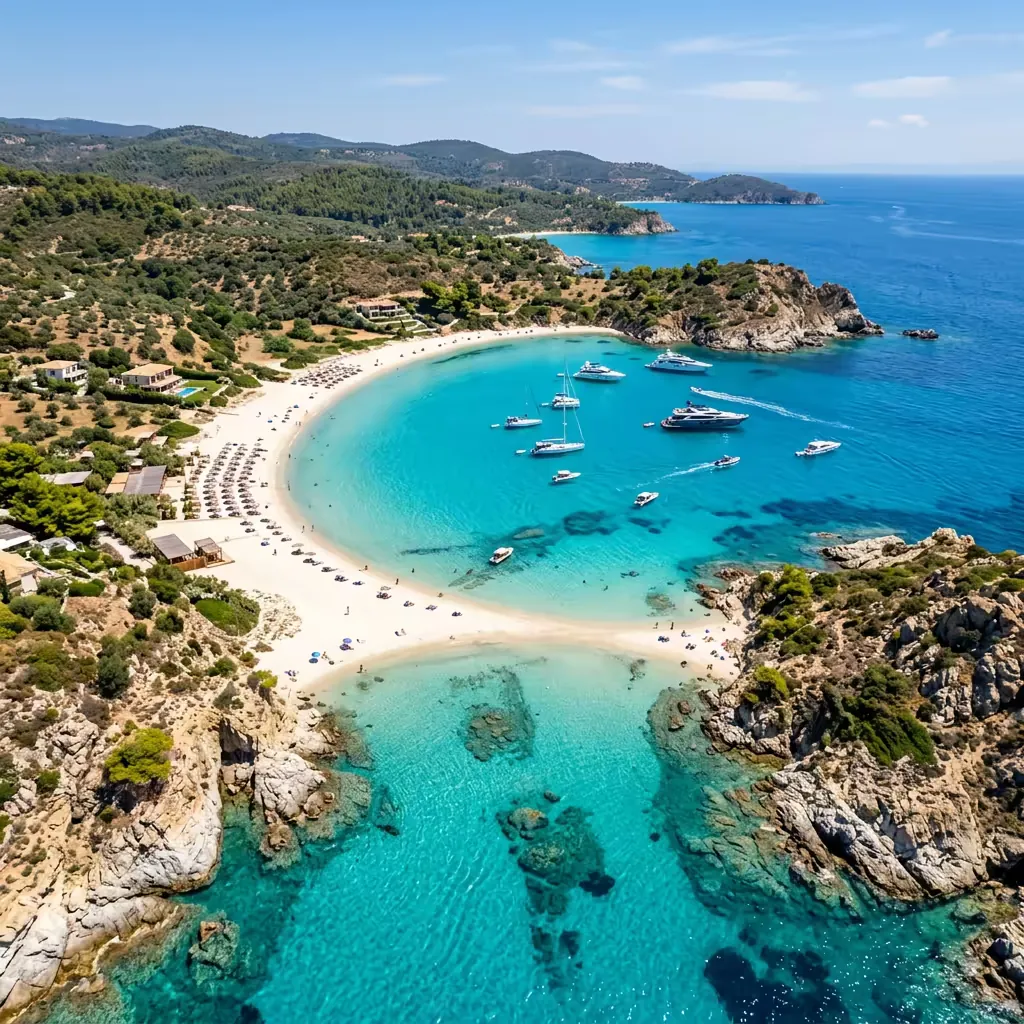 Polukružna peščana plaža Kalamitsi na južnoj Sitoniji sa borovom šumom