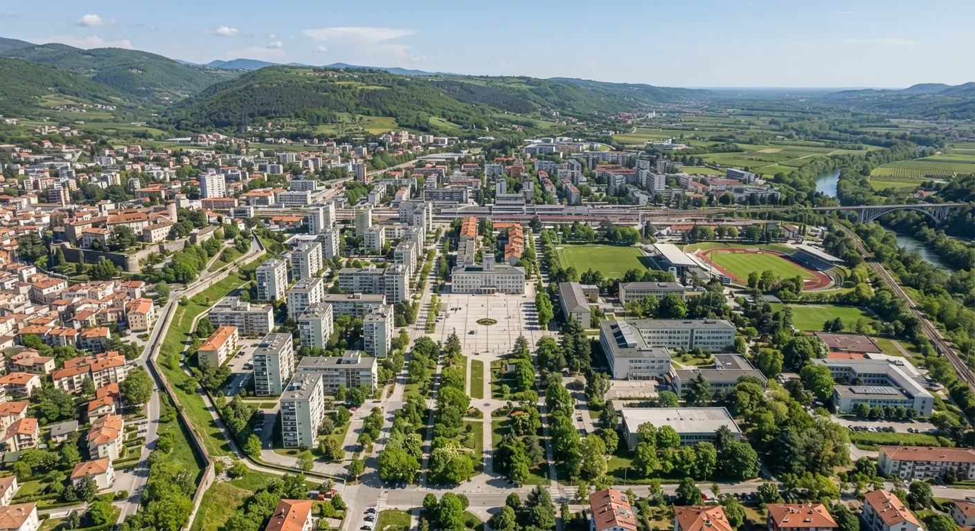 Kombi prevoz Beograd → Nova Gorica — Trg Evrope, Kostanjevica i Solkanski most: Nova Gorica sa parkovima i brdima u pozadini
