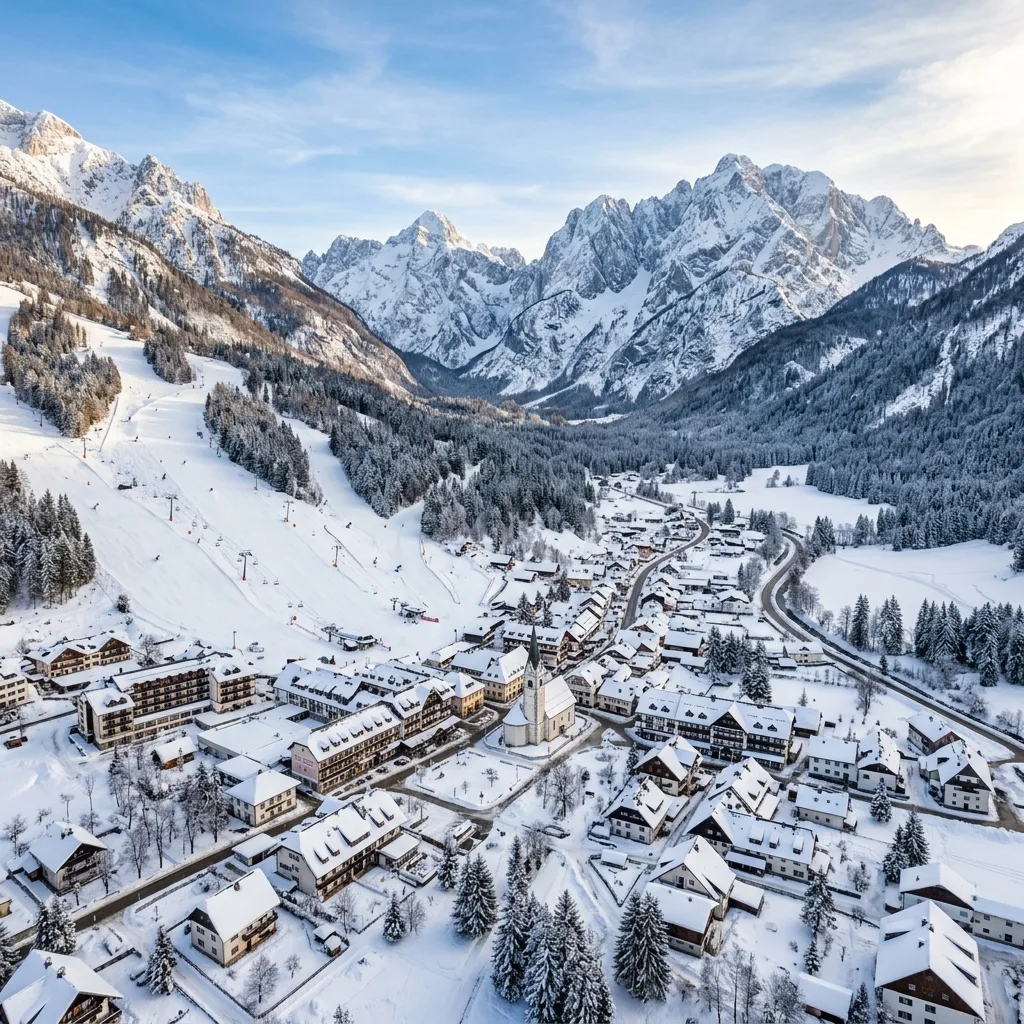 Kranjska Gora sa skijaškim stazama Vitranc i panoramom Julijskih Alpa